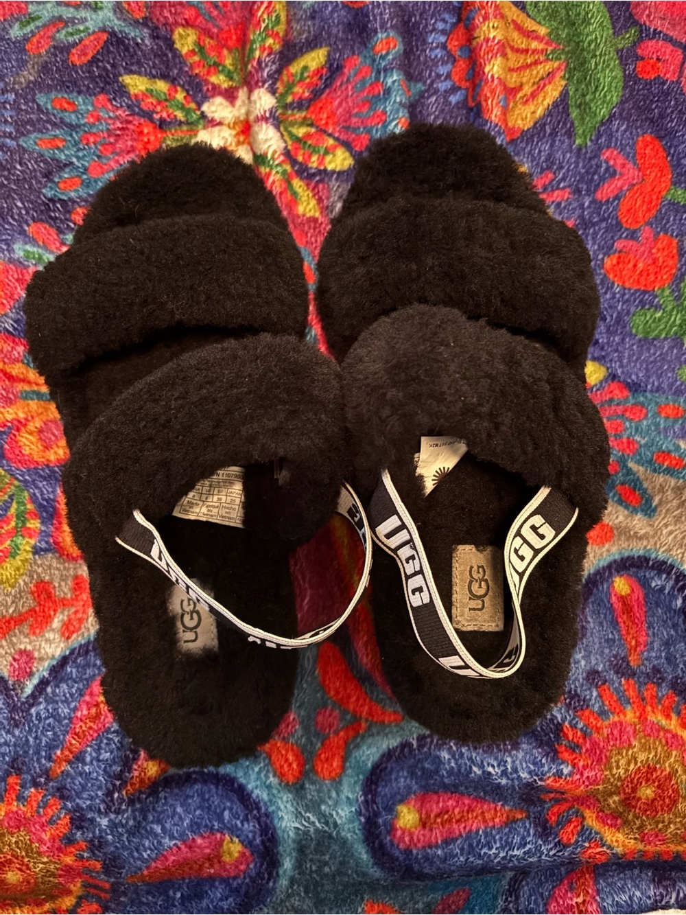 UGG Oh Yeah Black Fuzz Slide Sandals with Logo Heel Strap Size 8 A00519